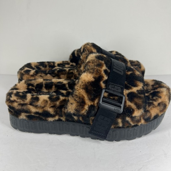UGG Maxi Slide Leopard Print Faux Fur Fluffy Slides Sandals Women's Size 9 - Picture 1 of 6